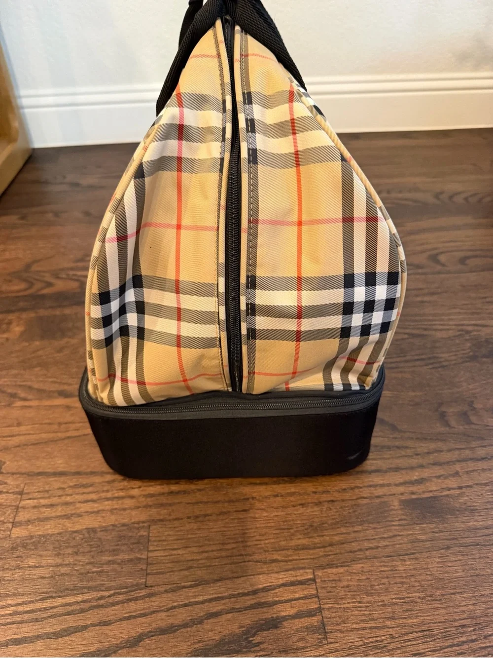 Burberry Beige Plaid Duffel with Black Base and Straps
